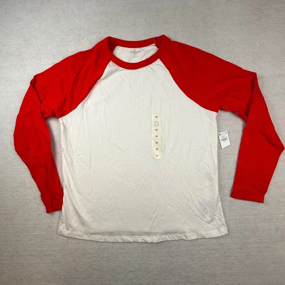 Old Navy Everywear Mens Medium Red White Long Sleeve Raglan Baseball T-Shirt NEW
